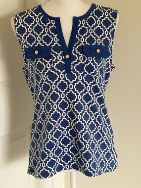 Charter Club Blue and White Geometric Sleeveless Tank with Gold Buttons